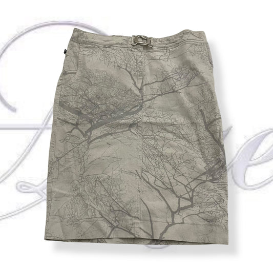roberto cavalli greige midi skirt grey tree print and silver waist buckle detail