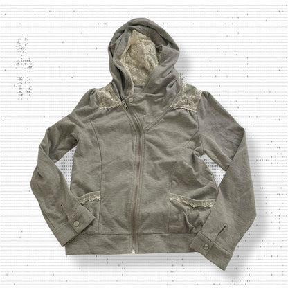 coquette grey asymmetric axes femmes white lace zip hoodie jacket