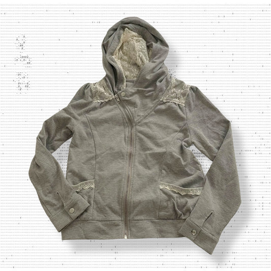 coquette grey asymmetric axes femmes white lace zip hoodie jacket