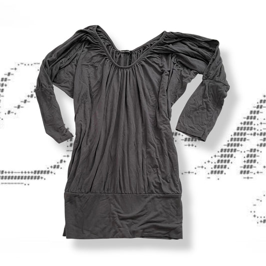 grey draped 3/4 sleeve tunic elastic waistband top mini dress