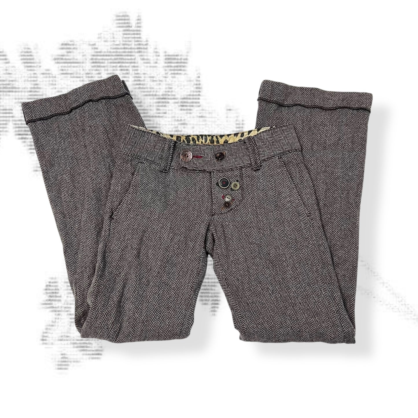 rare miss sixty beige brown mixed button herringbone low rise wide leg trousers