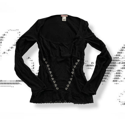 blumarine black wide neck hook and eye long sleeve graphic top