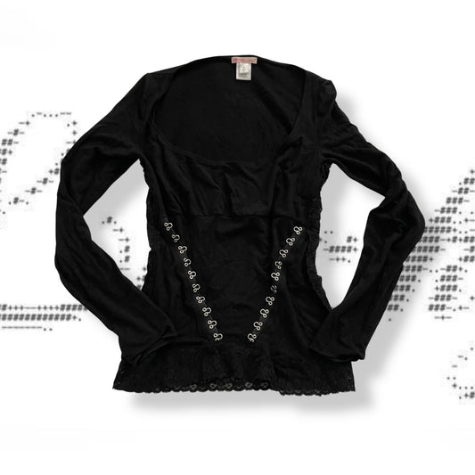 blumarine black wide neck hook and eye long sleeve graphic top
