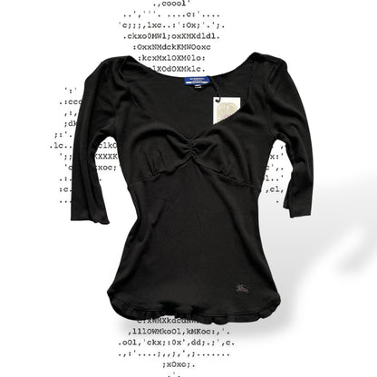 紧身Burberry蓝标黑色褶皱胸部半袖荷叶边下摆衬衫