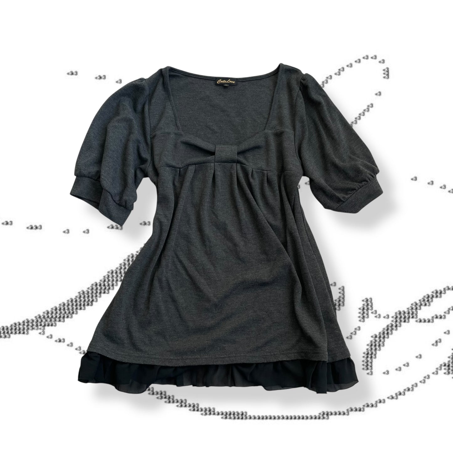cutie love dark grey half sleeve ribbon cinched bust babydoll tunic top