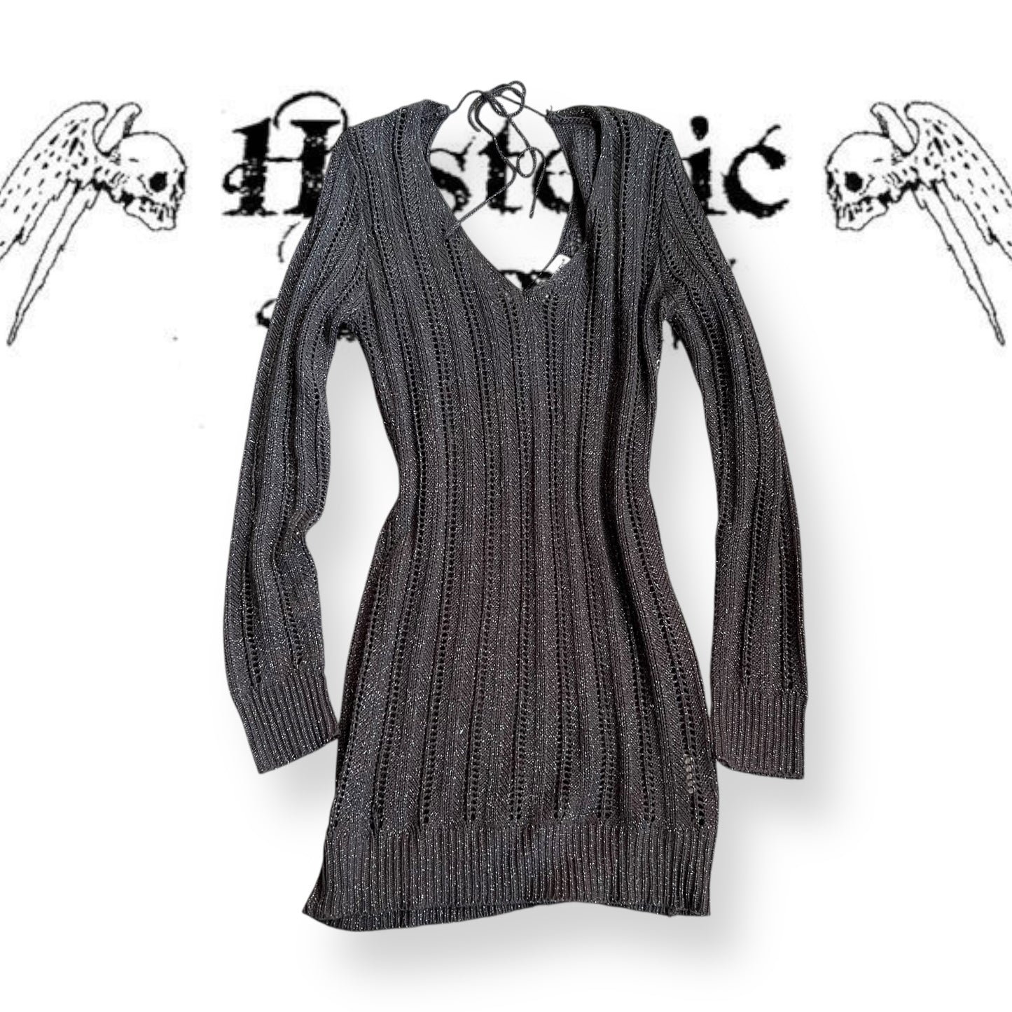 dark purple grey silver voyelles v neck keyhole back long sleeve fishbone knit sweater dress