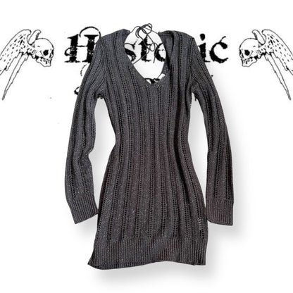 dark purple grey silver voyelles v neck keyhole back long sleeve fishbone knit sweater dress