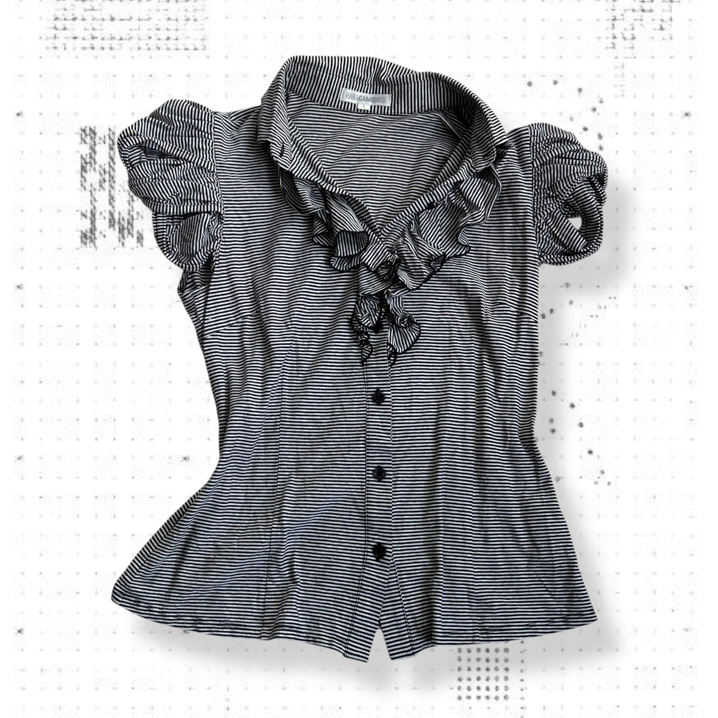 naracamicie black academia preppy ruffle striped puff sleeve collared polo style shirt