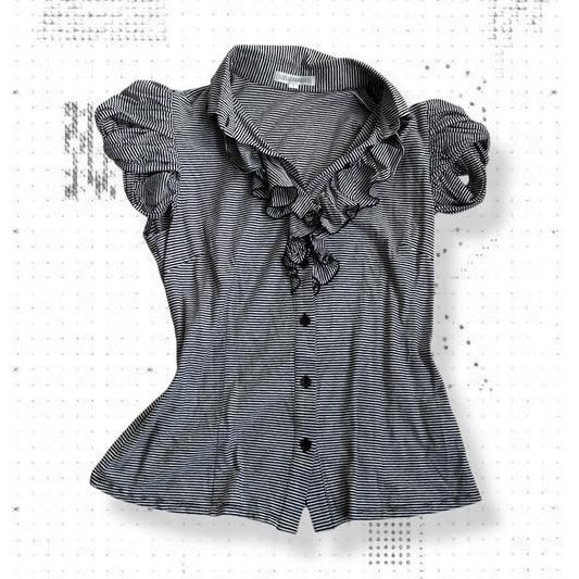 naracamicie black academia preppy ruffle striped puff sleeve collared polo style shirt