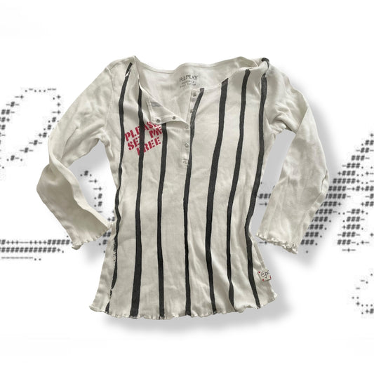 preppy y2k replay white black striped wide neck 3/4 sleeve red graphic shirt