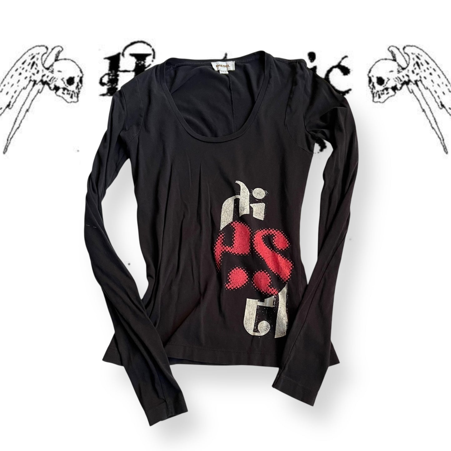 black diesel red white text graphic long sleeve shirt