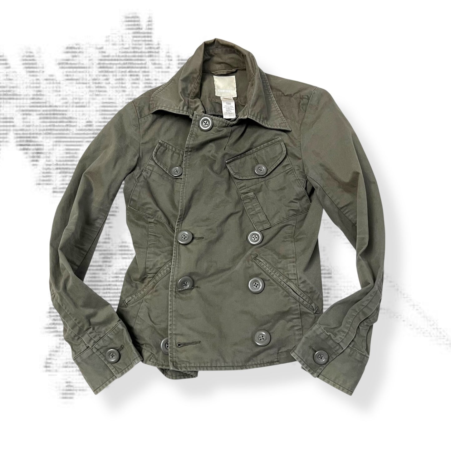 khaki diesel corpcore asymmetric button down trench style jacket