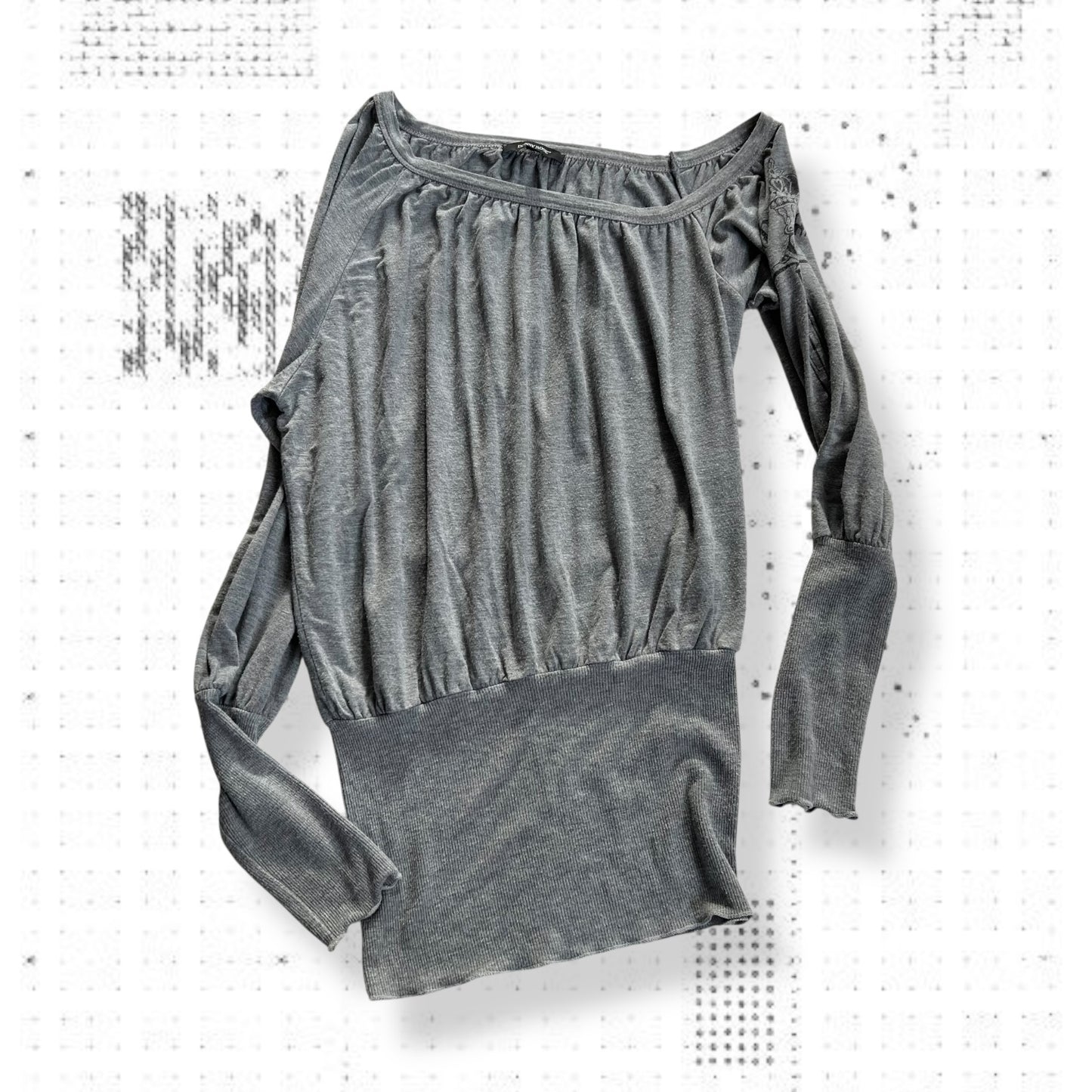 grey denny rose ruched ribbed hem puff sleeves lightweight pullover top