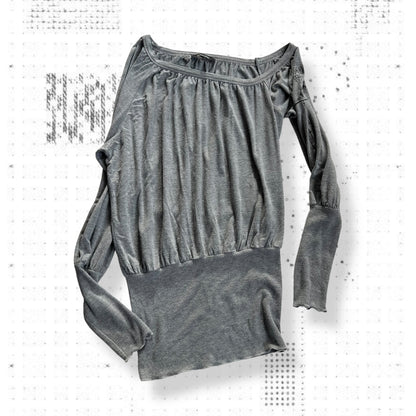 grey denny rose ruched ribbed hem puff sleeves lightweight pullover top