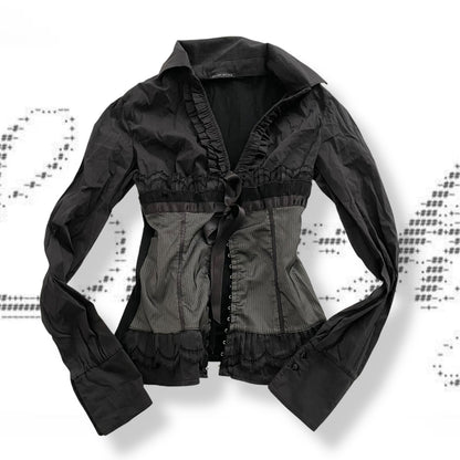 balletcore blue star black blouse pinstripe ruffle lace and ribbon corset hook and eye top