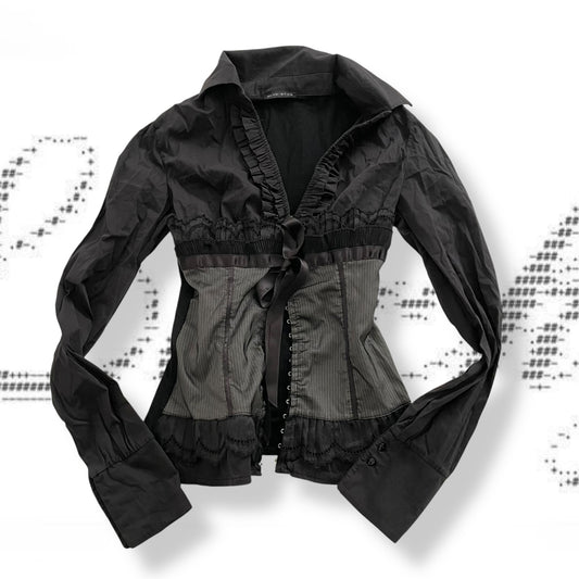 balletcore blue star black blouse pinstripe ruffle lace and ribbon corset hook and eye top