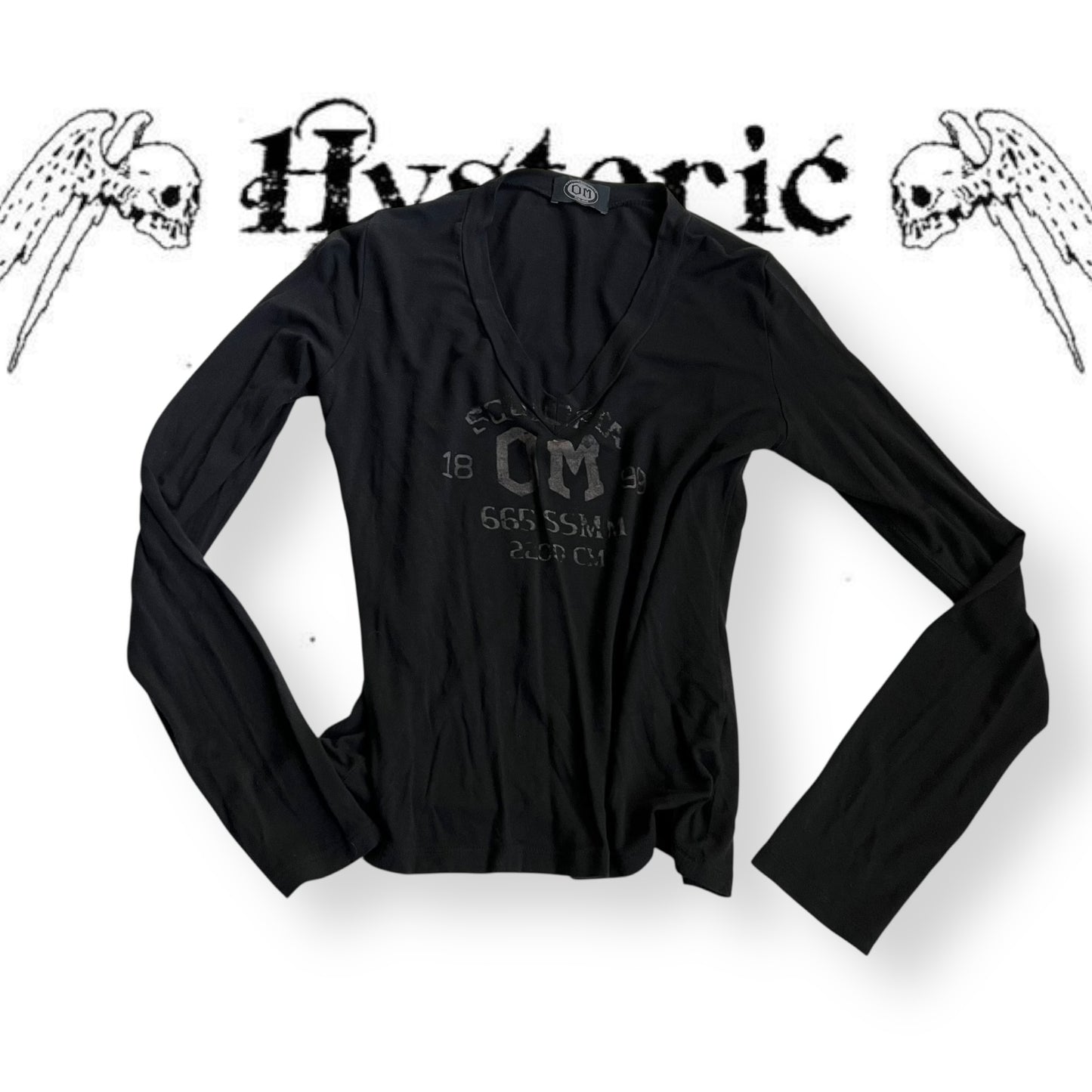 vintage faded black long sleeve v neck beige graphic shirt