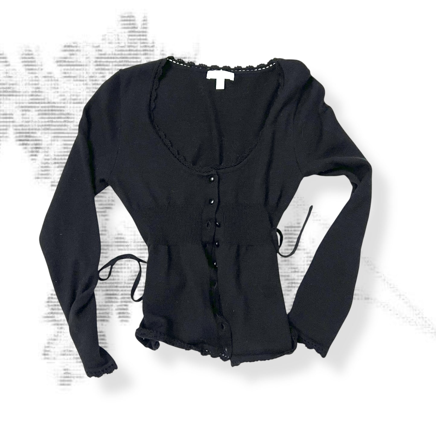 kookai black wool blend picot trim long sleeve fitted cardigan top