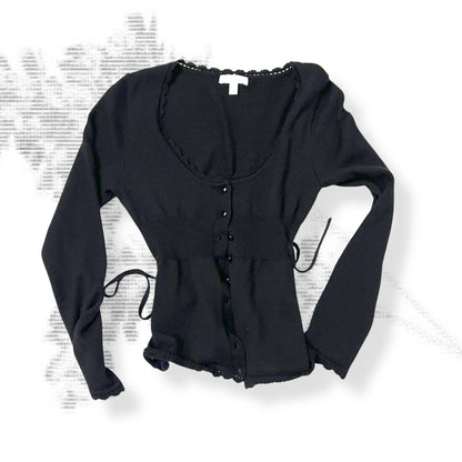 kookai black wool blend picot trim long sleeve fitted cardigan top