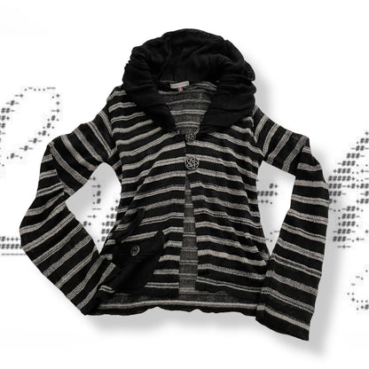 grunge sleaze patrice breal black grey striped ornamental button accents knit cardigan