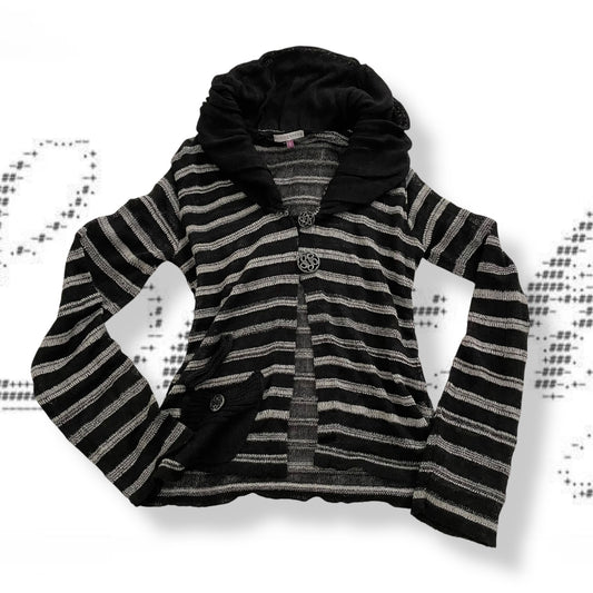 grunge sleaze patrice breal black grey striped ornamental button accents knit cardigan