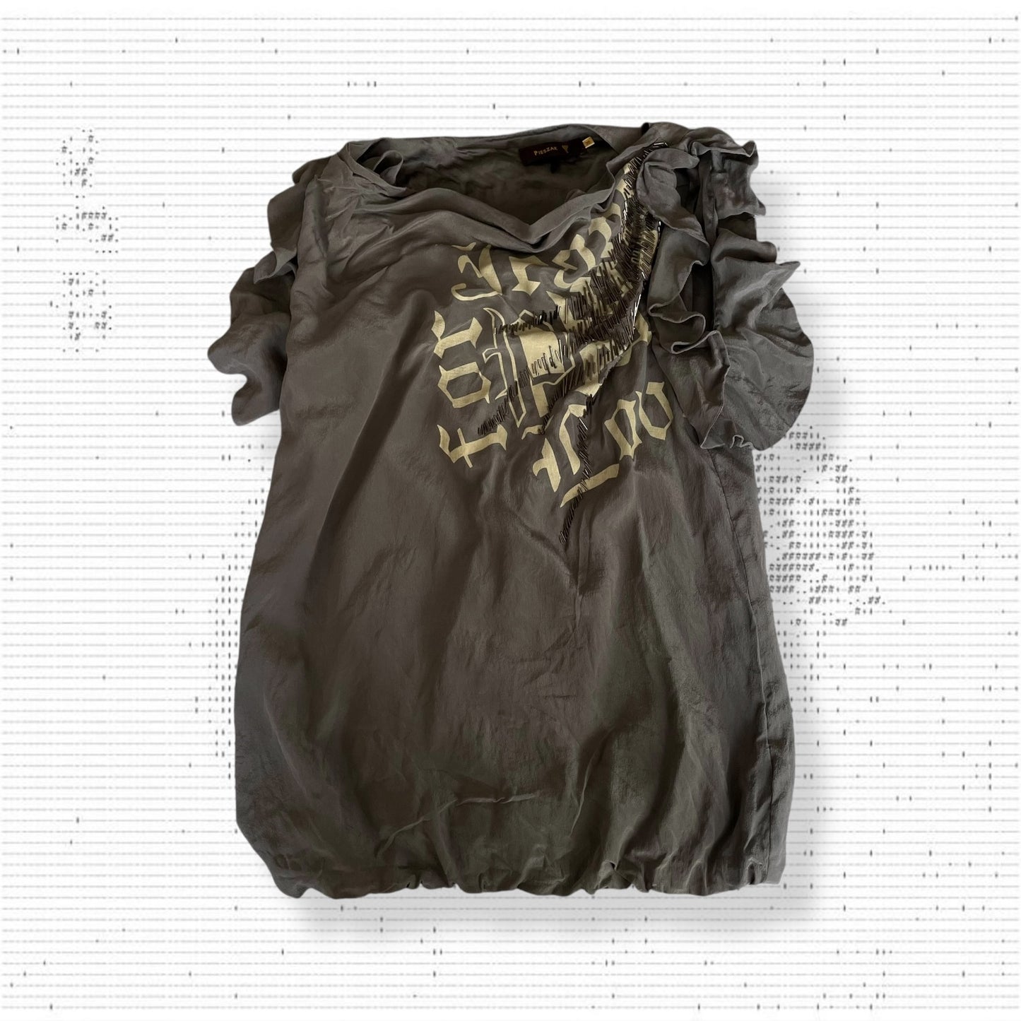 piezak 深灰色丝绸文字图案束腰上衣