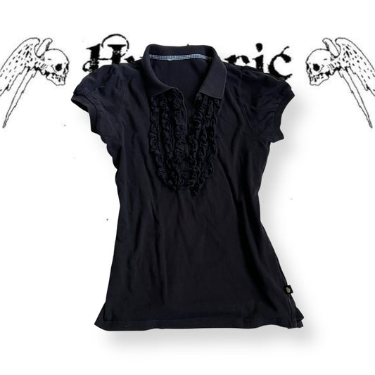 faded black ovs balletcore frilly collared puff sleeve polo shirt