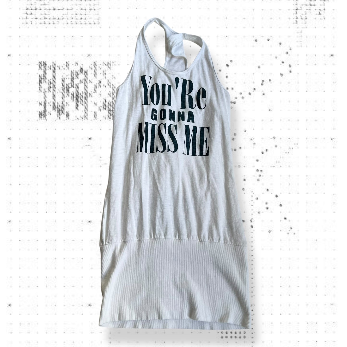 white navy fitted hem bubble long tank top with you're gonna miss me graphic