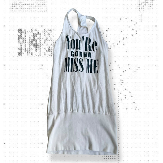 white navy fitted hem bubble long tank top with you're gonna miss me graphic