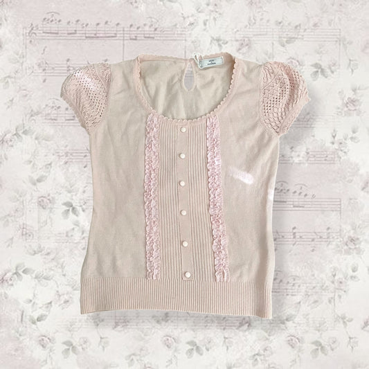 coquette netto di mammina soft pink crochet puff sleeves ribbed knit top