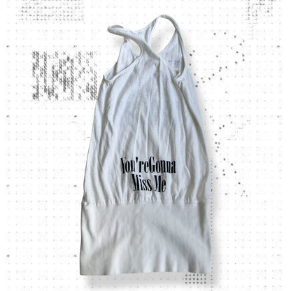 white navy fitted hem bubble long tank top with you're gonna miss me graphic