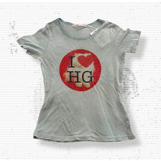 90s hysteric glamour baby blue shimmery glitter short sleeve i love hg cat print fitted shirt