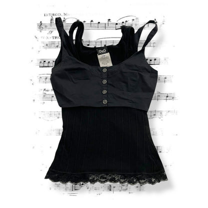 dolce & gabbana black crop vest ribbed lacey hem singlet two in one layered top
