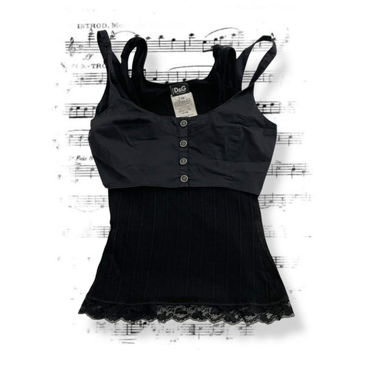 dolce & gabbana black crop vest ribbed lacey hem singlet two in one layered top
