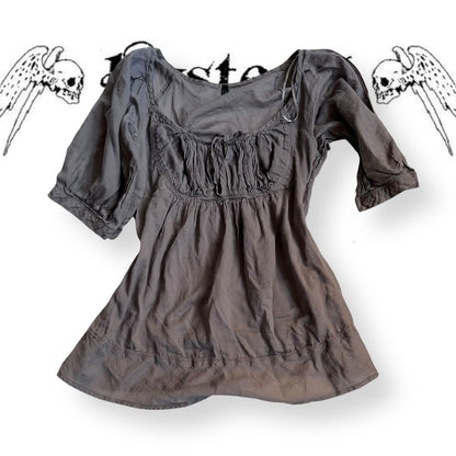 benetton purple grey puffed half sleeve milkmaid style ruched bust babydoll blouson