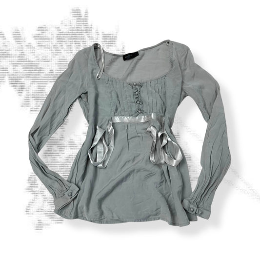 pimkie grey cottage coquette long sleeve milkmaid style pleated babydoll blouse