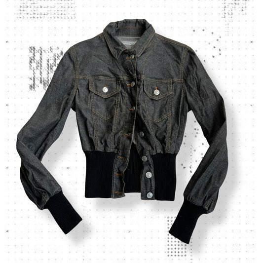 vintage fornarina dark indigo wash denim long sleeve cinched ribbed waist collared jacket