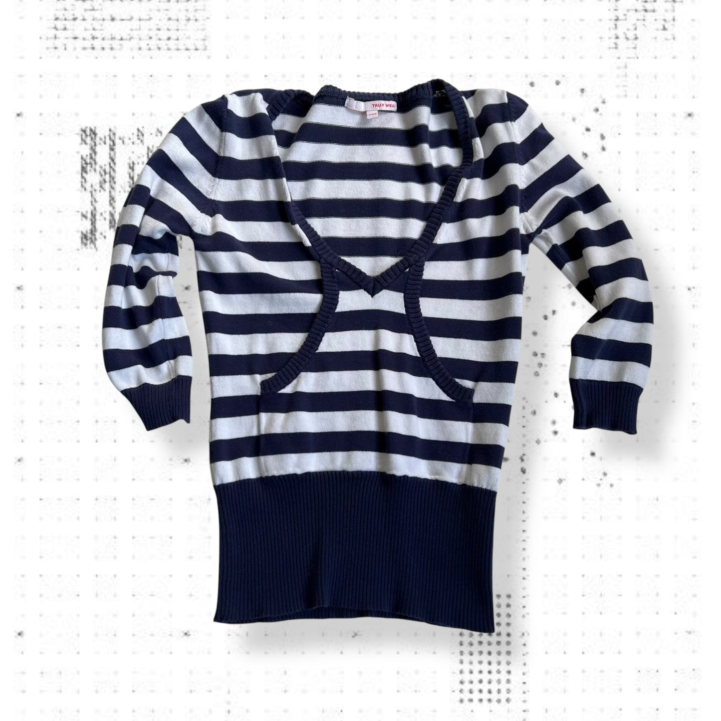 tally weiji white navy ribbed 3/4 sleeve sporty cropped knit sweater