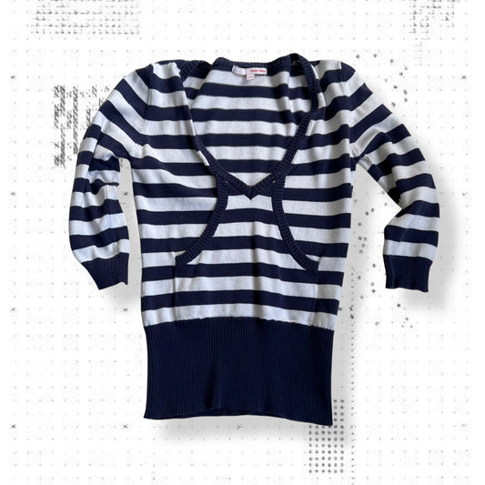 tally weiji white navy ribbed 3/4 sleeve sporty cropped knit sweater