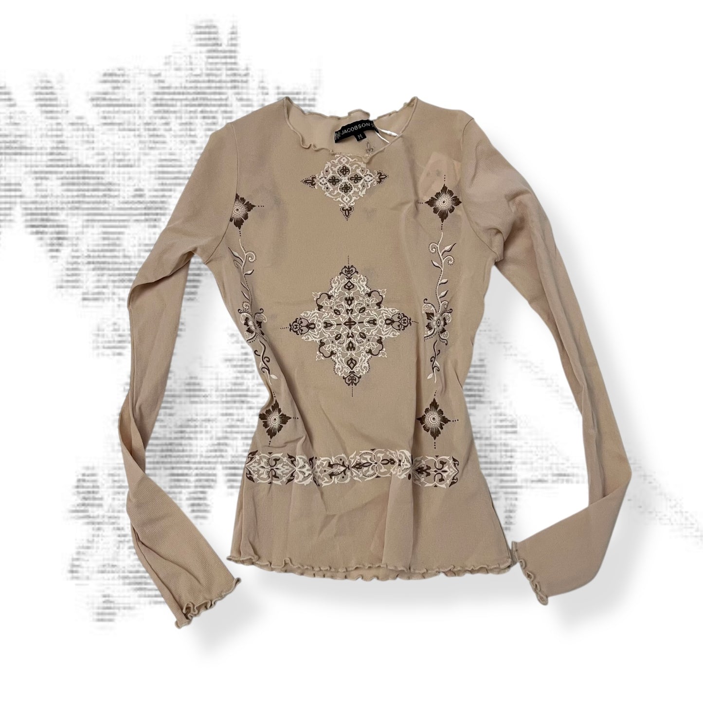 jacobson boho western beige sheer paisley ornamental print sheer long sleeve shirt