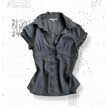 dark grey tally weiji corpcore preppy puff sleeve dual button blouson shirt