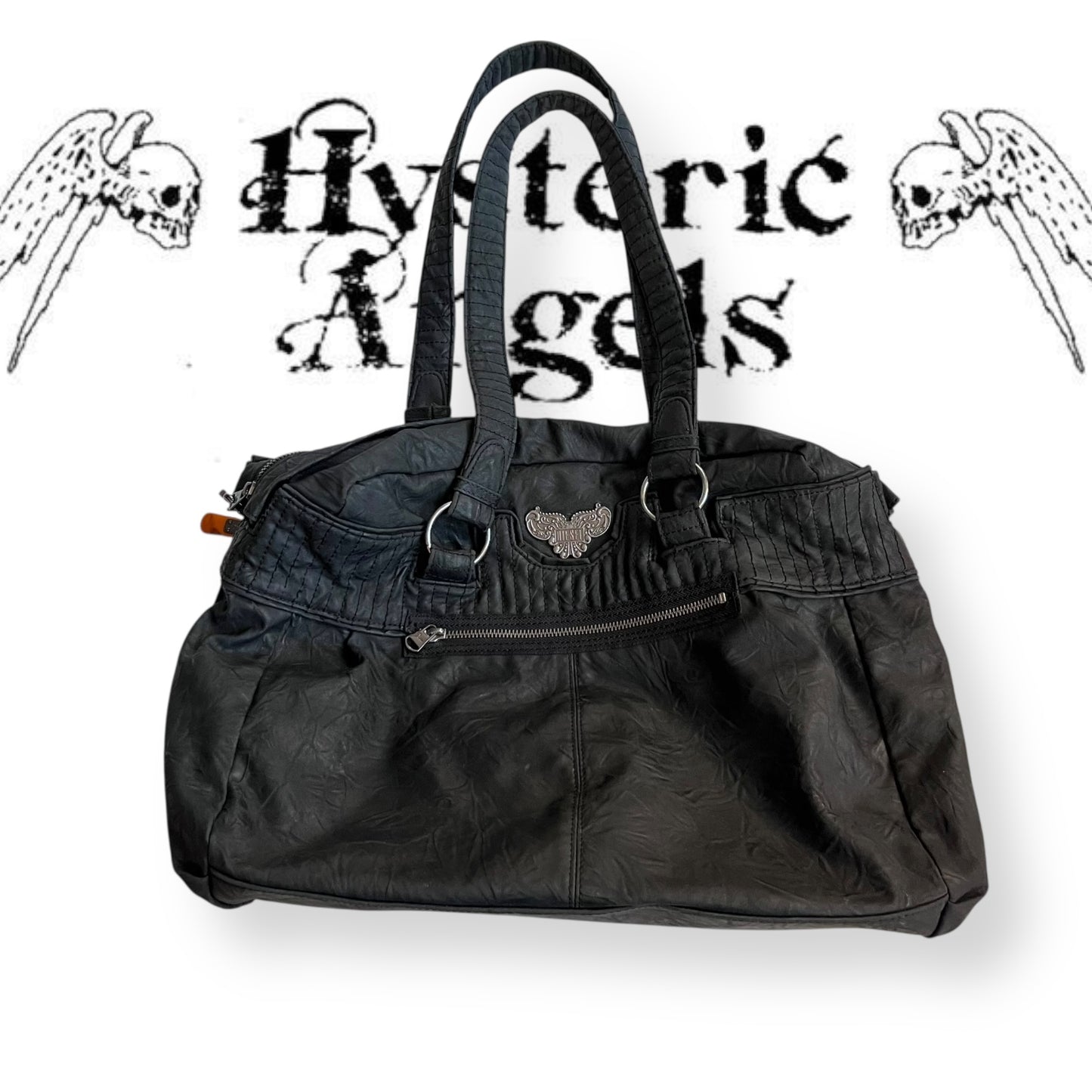 vintage diesel black leather silver wing emblem tote bag