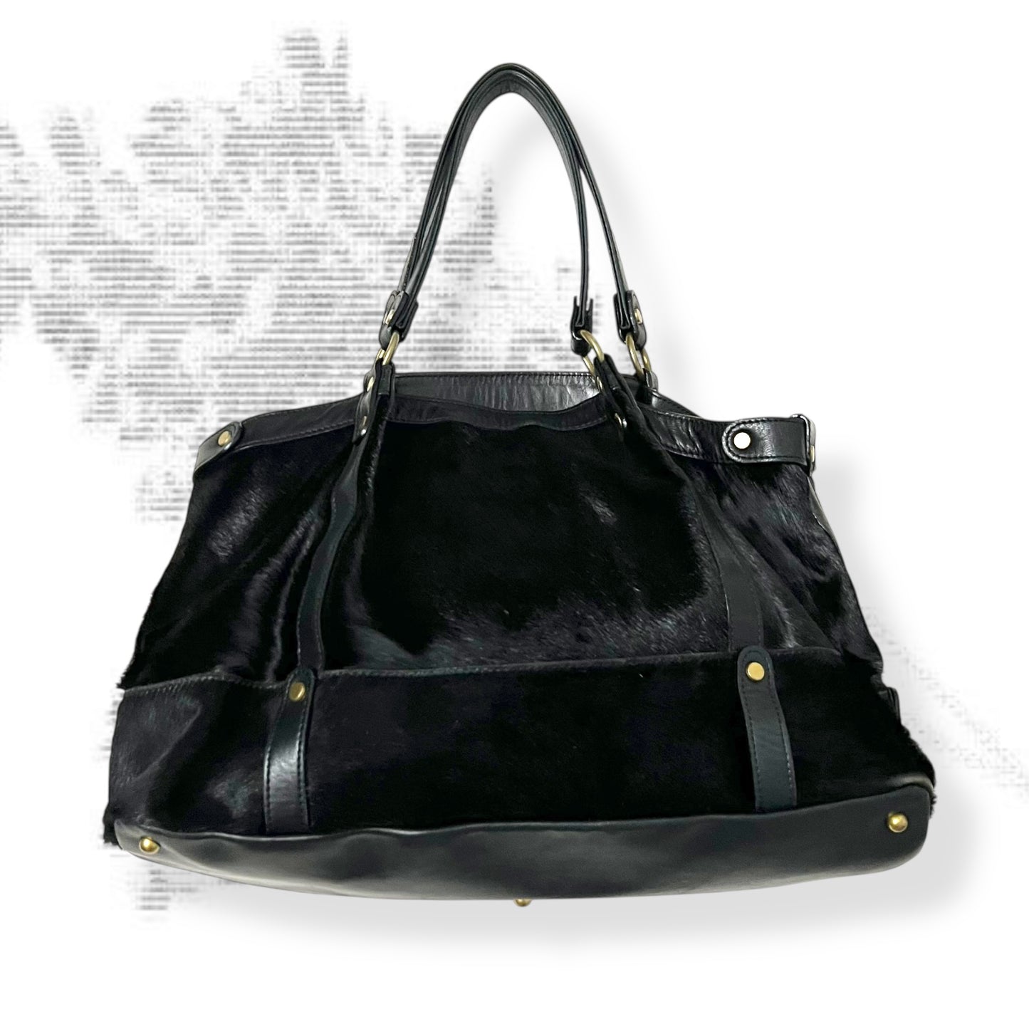 vintage selvedge black ponyhair leather buckle large tote bag