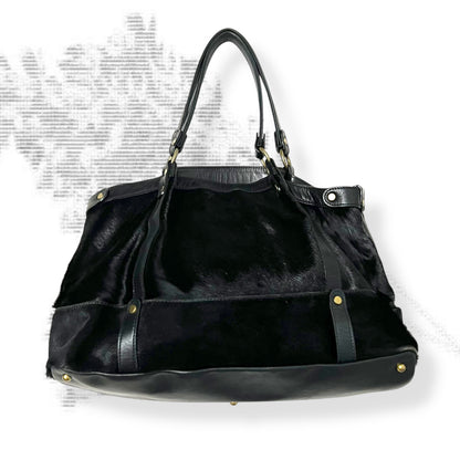 vintage selvedge black ponyhair leather buckle large tote bag