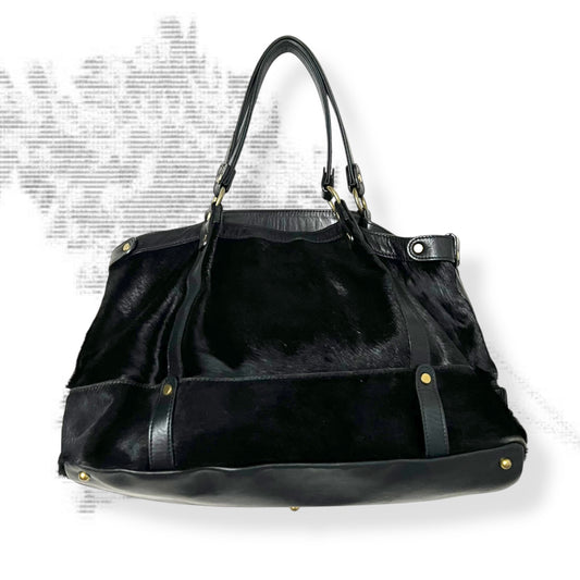 vintage selvedge black ponyhair leather buckle large tote bag