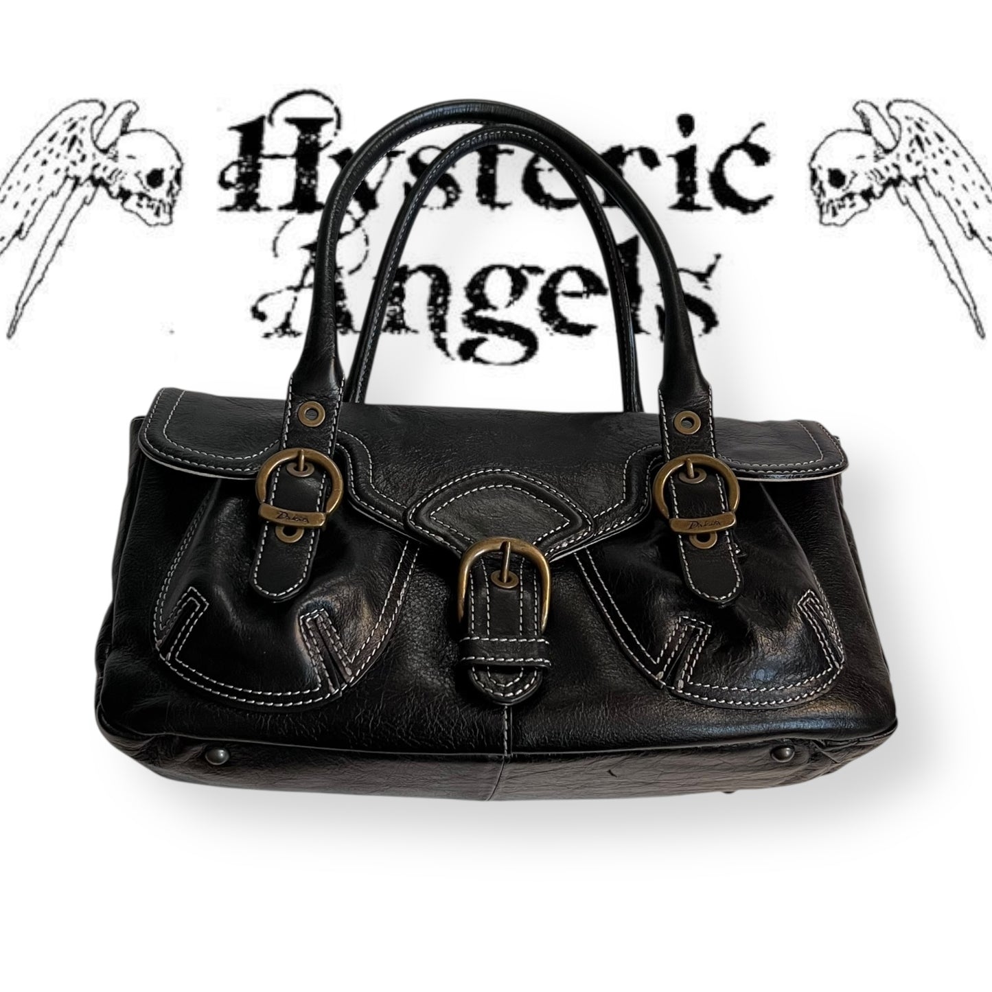 dakota western preppy black leather brass buckle shoulder bag