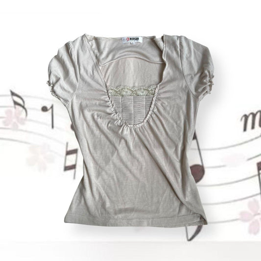 stone greige coquette morgan de toi puff sleeve ruched bust top