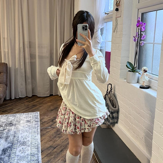 coquette finemotion off white mori kei pink floral print puffy frill mini skirt