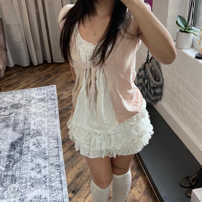 kookai coquette peach pink puff sleeve bolero x milkmaid blouse two in one layered top