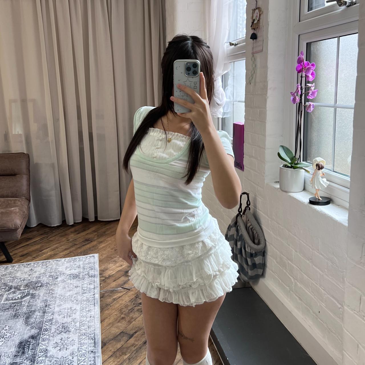 coquette preppy mint pin curl puff sleeve milkmaid layered bust striped top